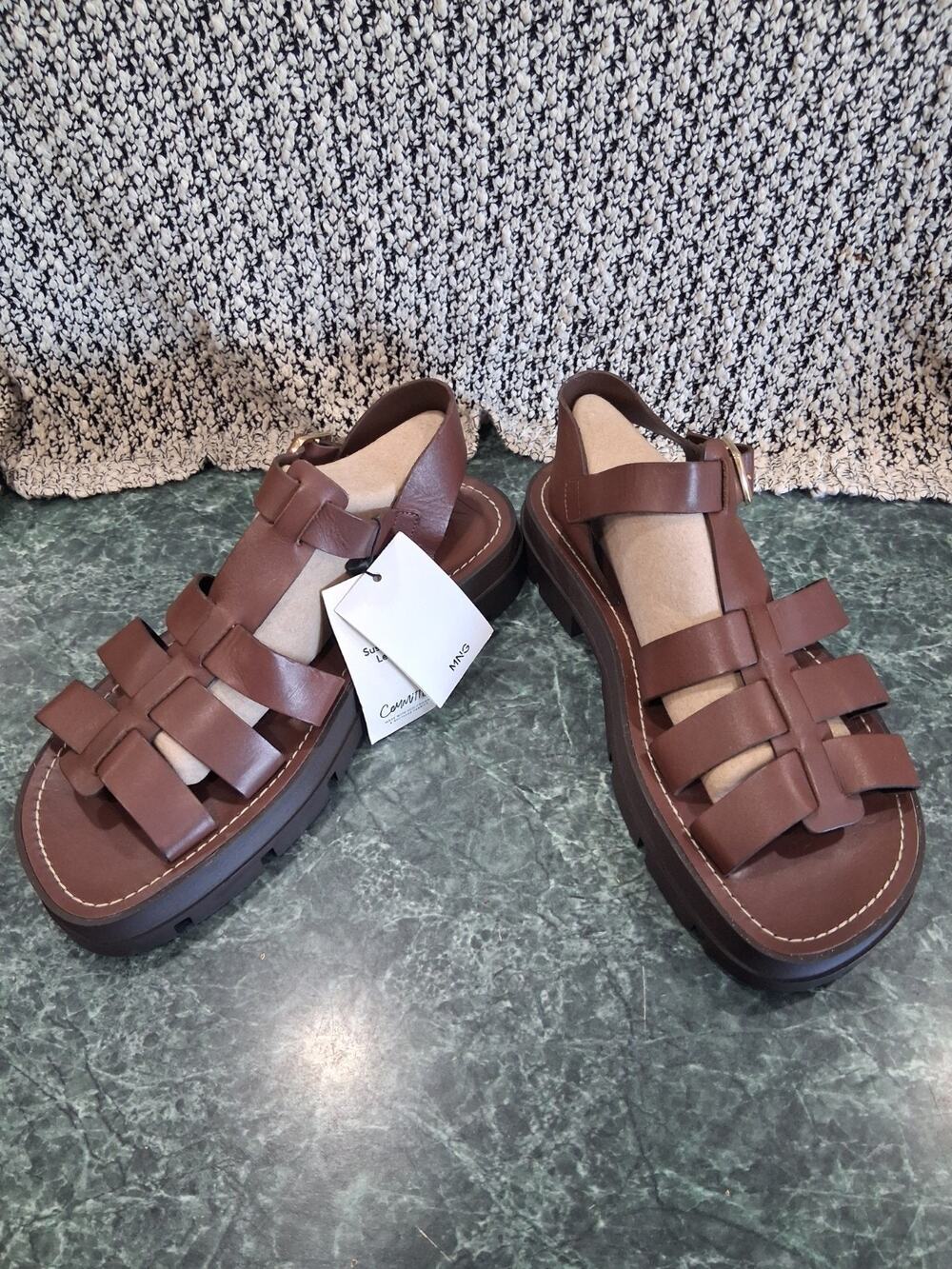 Mango Brown Leather Woven Platform Sandals